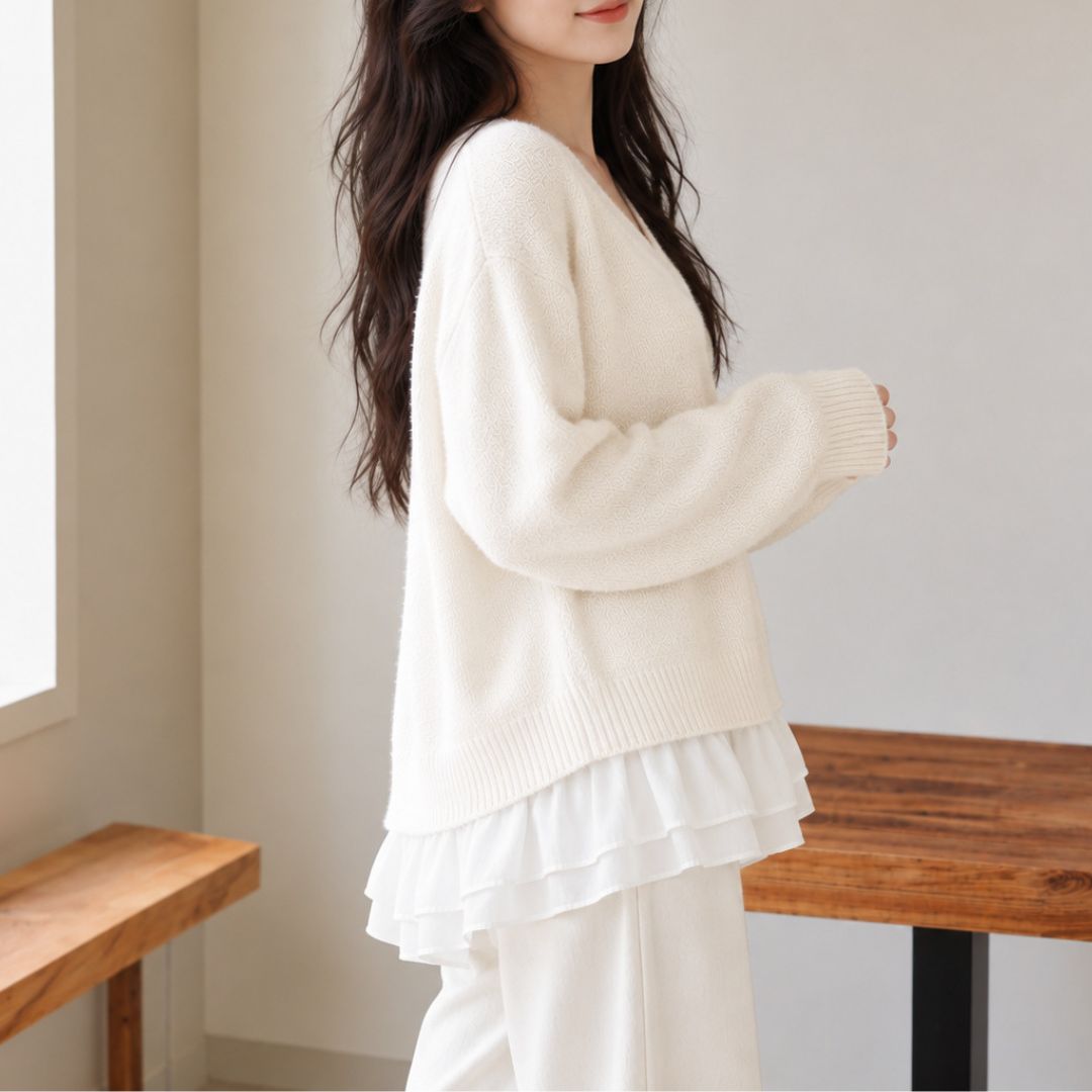 Layered Knit Sweater with Chiffon Hem (Two Piece Effect)