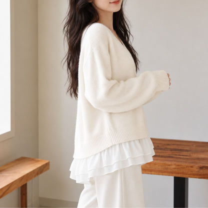 Layered Knit Sweater with Chiffon Hem (Two Piece Effect)