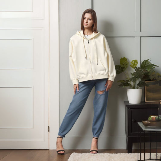 Solid Color Cotton Hooded Zip-Up Jacket