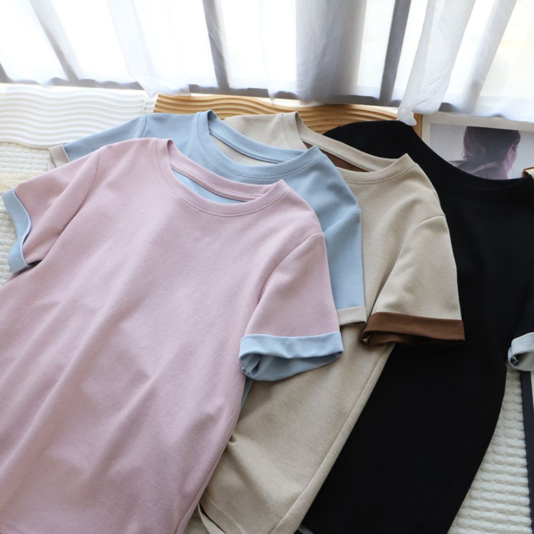 Color Block Crew Neck Versatile Short Sleeve T Shirt