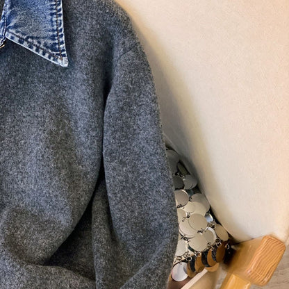 Denim Collar Patch Knit Sweater