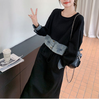 デニムカラーブロックフェイクツーピースドレス