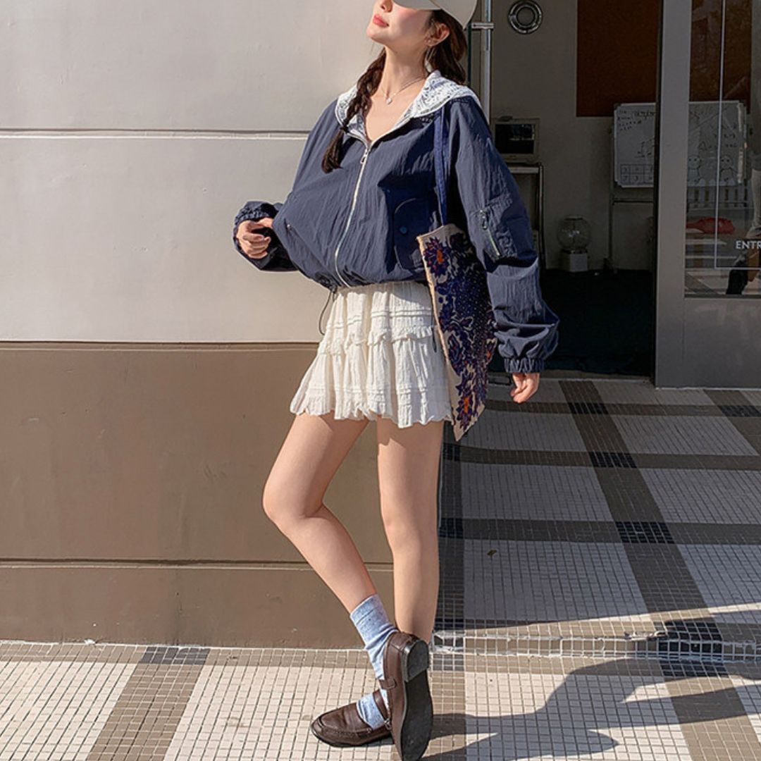 Blue Patchwork Lace Casual Fashion Jacket
