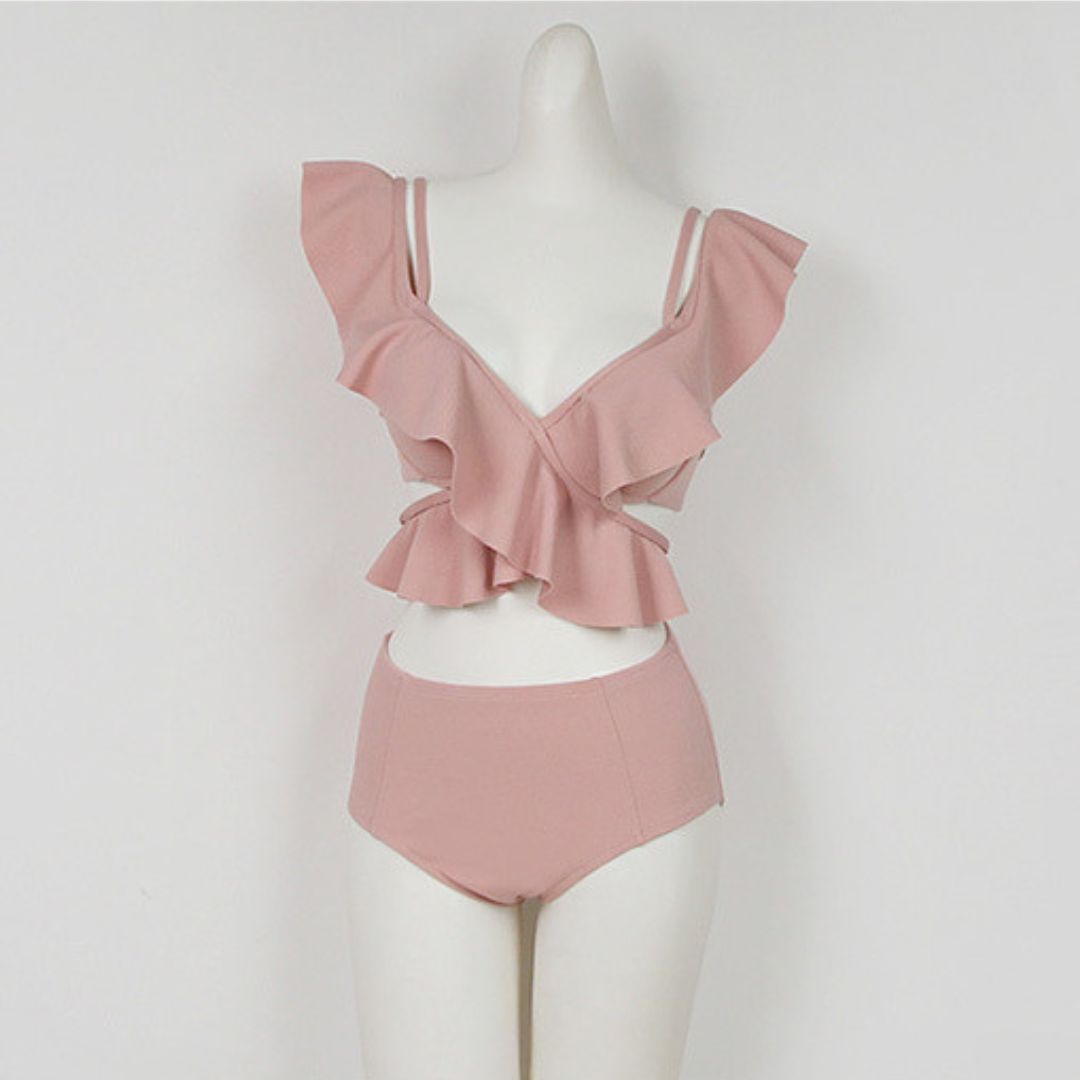Ruffled High Waist Tummy Covering Two Piece Swimsuit
