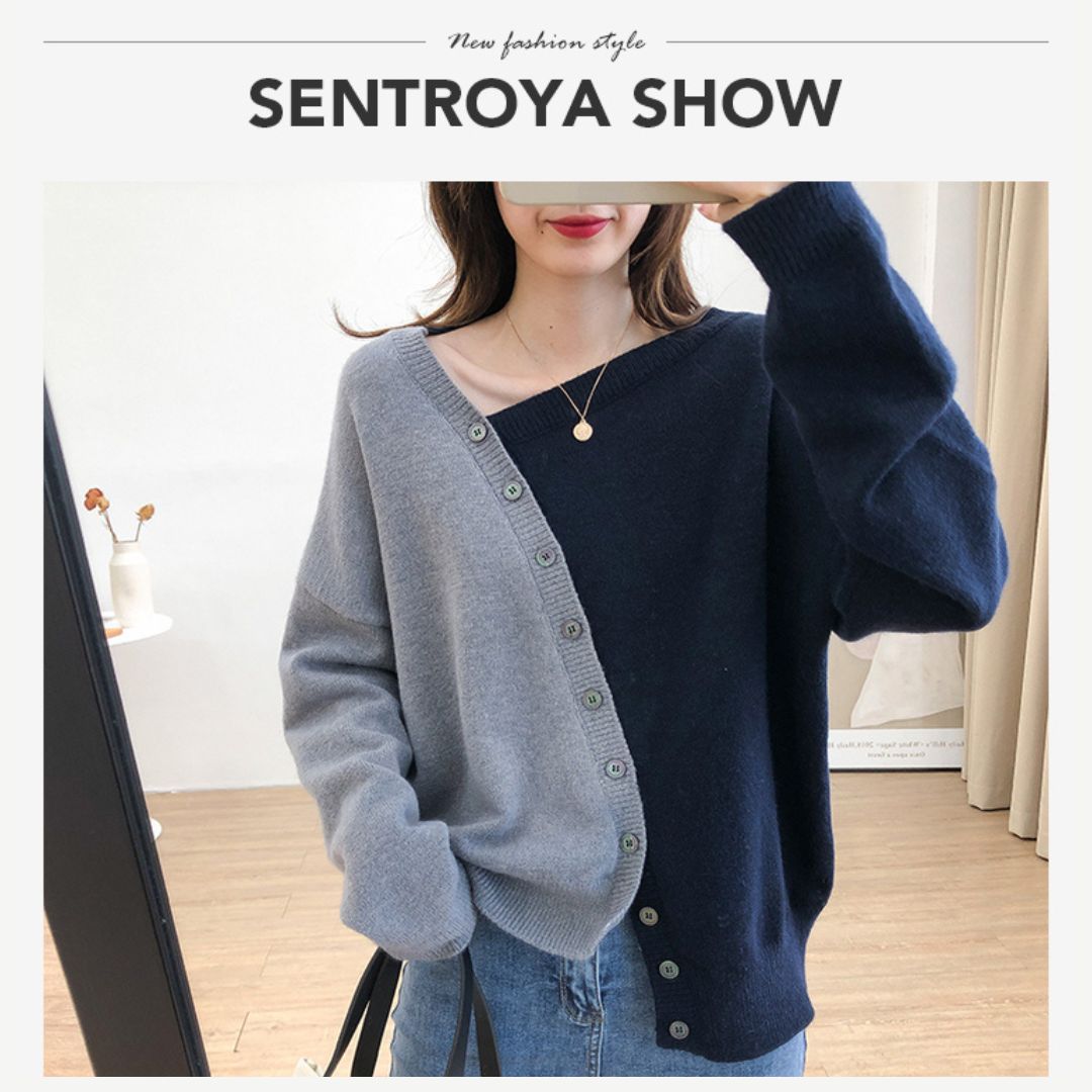Japanese-style Asymmetrical Color-Block Knit Sweater