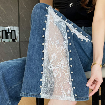 Tencel Beaded Lace Wide Leg Denim Pants