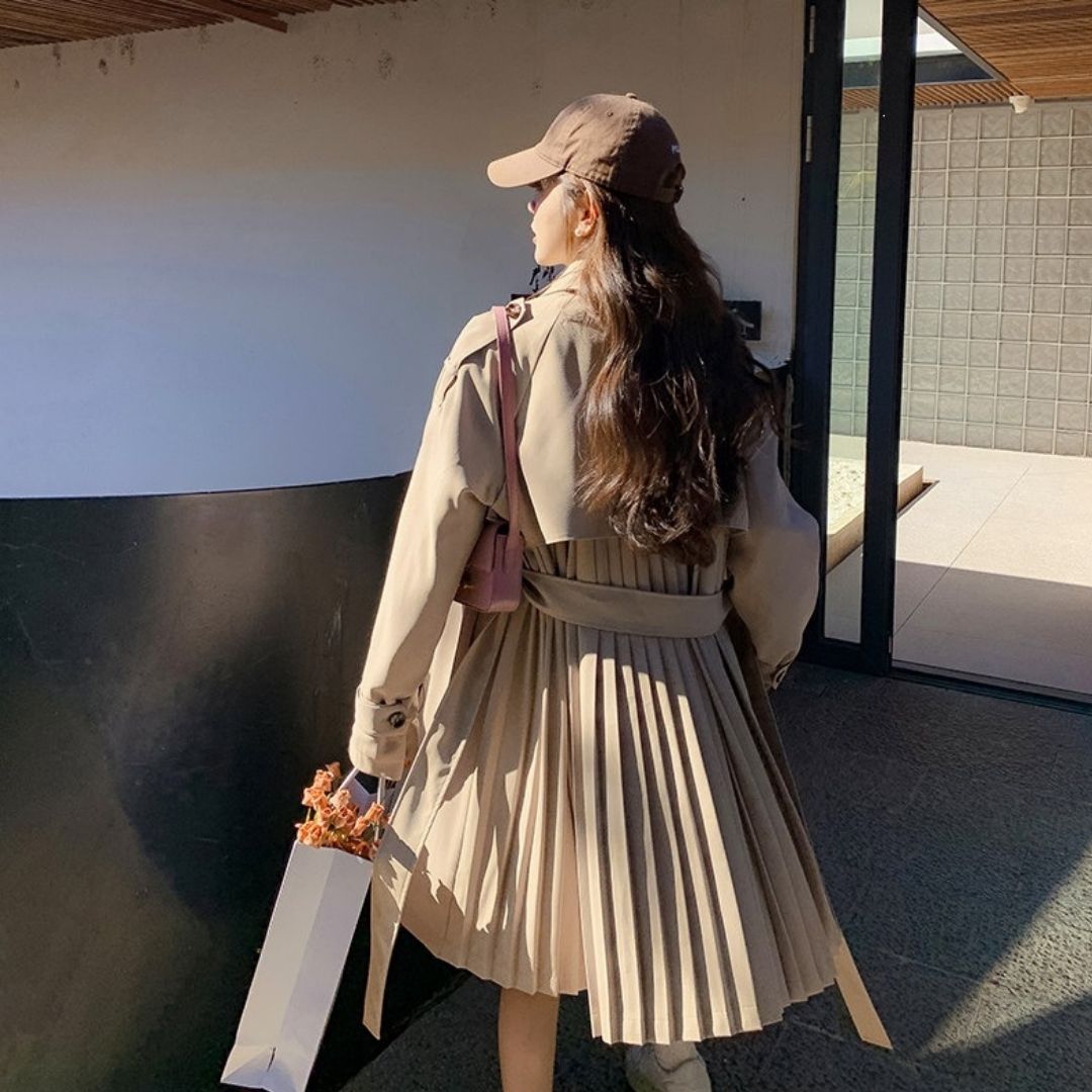 Classic Double Breasted Pleated Flowing Coat