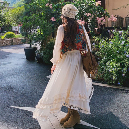Ethnic Style Tassel Vest & Dress Two Piece Set
