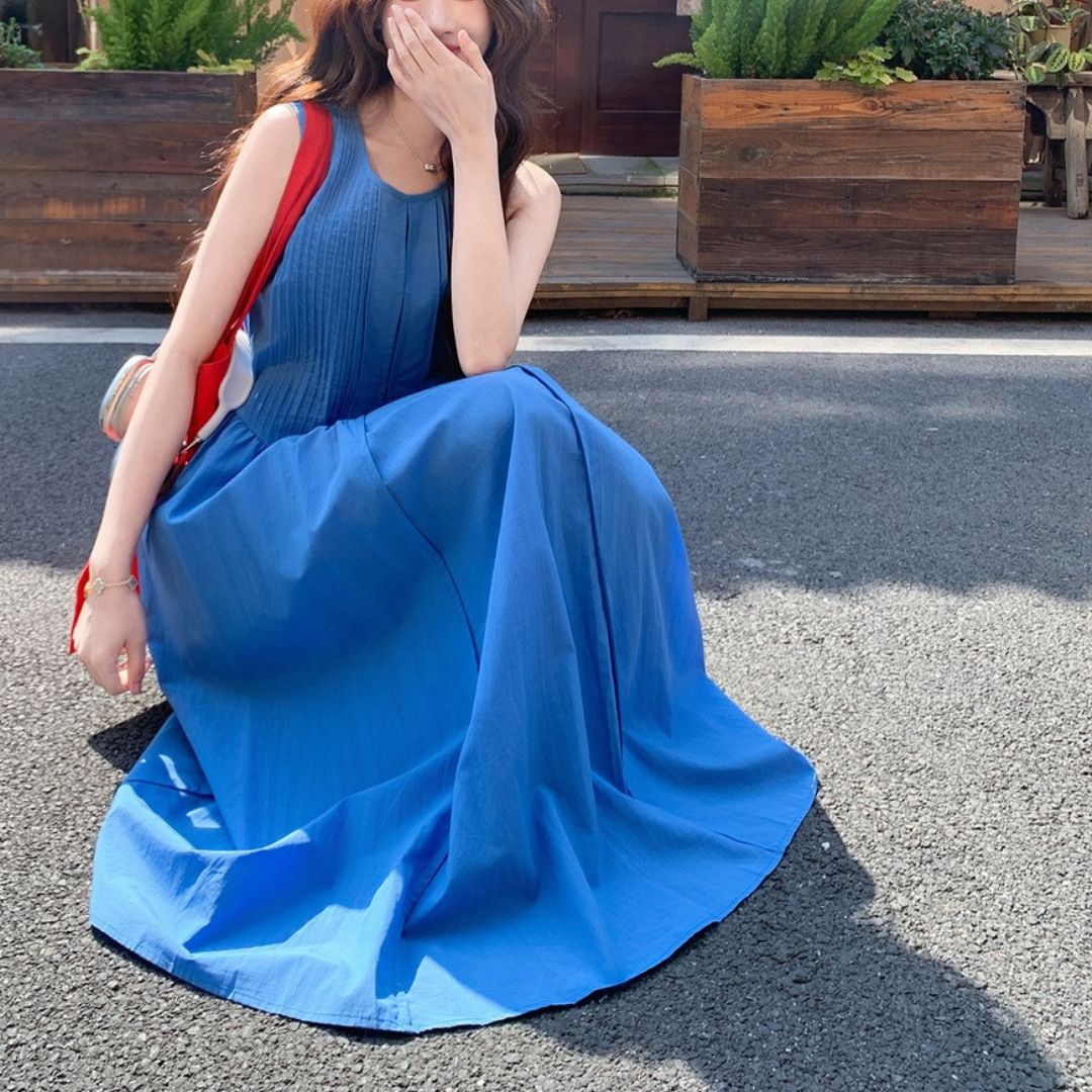 Ruched Vintage Sleeveless Midi Tank Dress