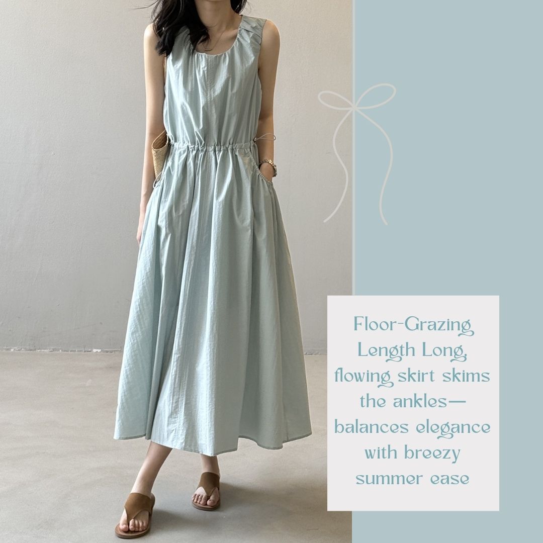Summer Round-Neck Sleeveless Long Dress with Drawstring Waist