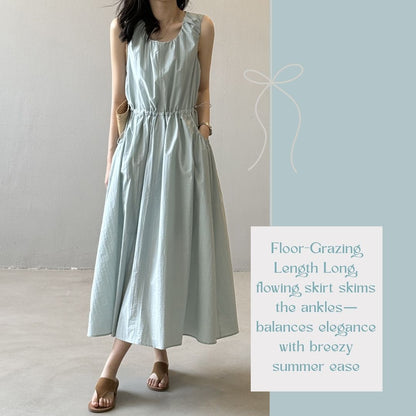 Summer Round-Neck Sleeveless Long Dress with Drawstring Waist