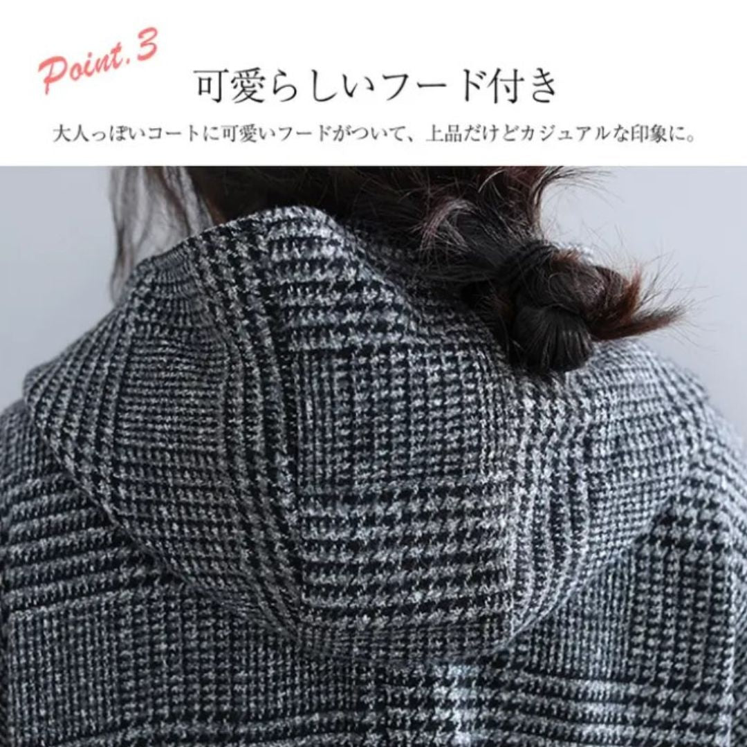 Japanese-Style Houndstooth Mid-Length Coat