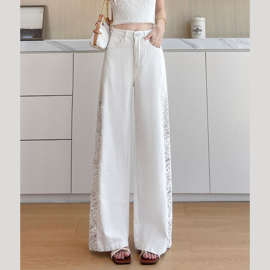 Lace Cutout Panel Wide Leg Jeans