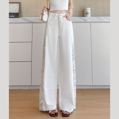 Lace Cutout Panel Wide Leg Jeans