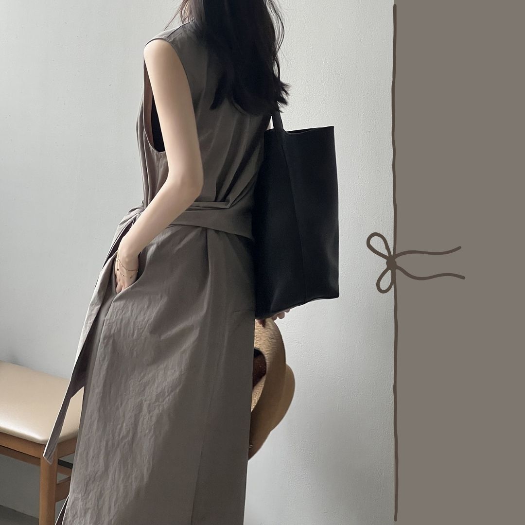 Sleeveless Long Dress with Cinched Tie-Waist Design