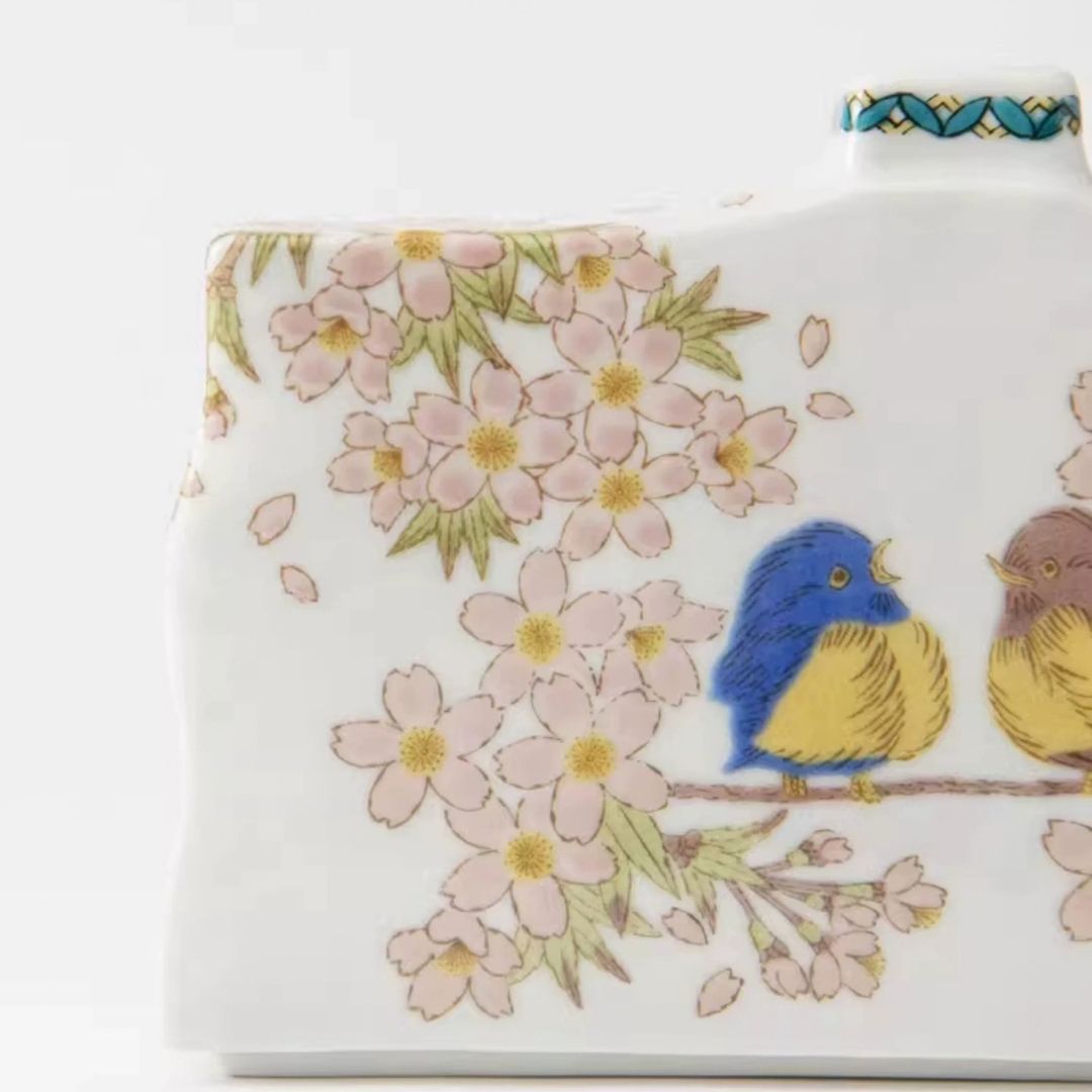 Kutani Japanese Floral Sparrow Small Vase