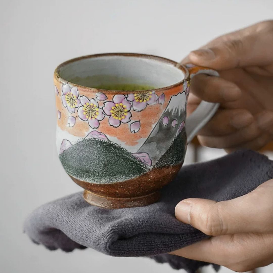 Kutani Ware Spring & Autumn Mount Fuji Pair Cups (Pair)