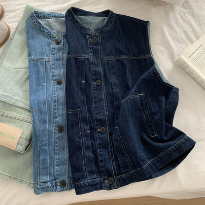 Women's Denim Sleeveless Top with Petite Mandarin Collar