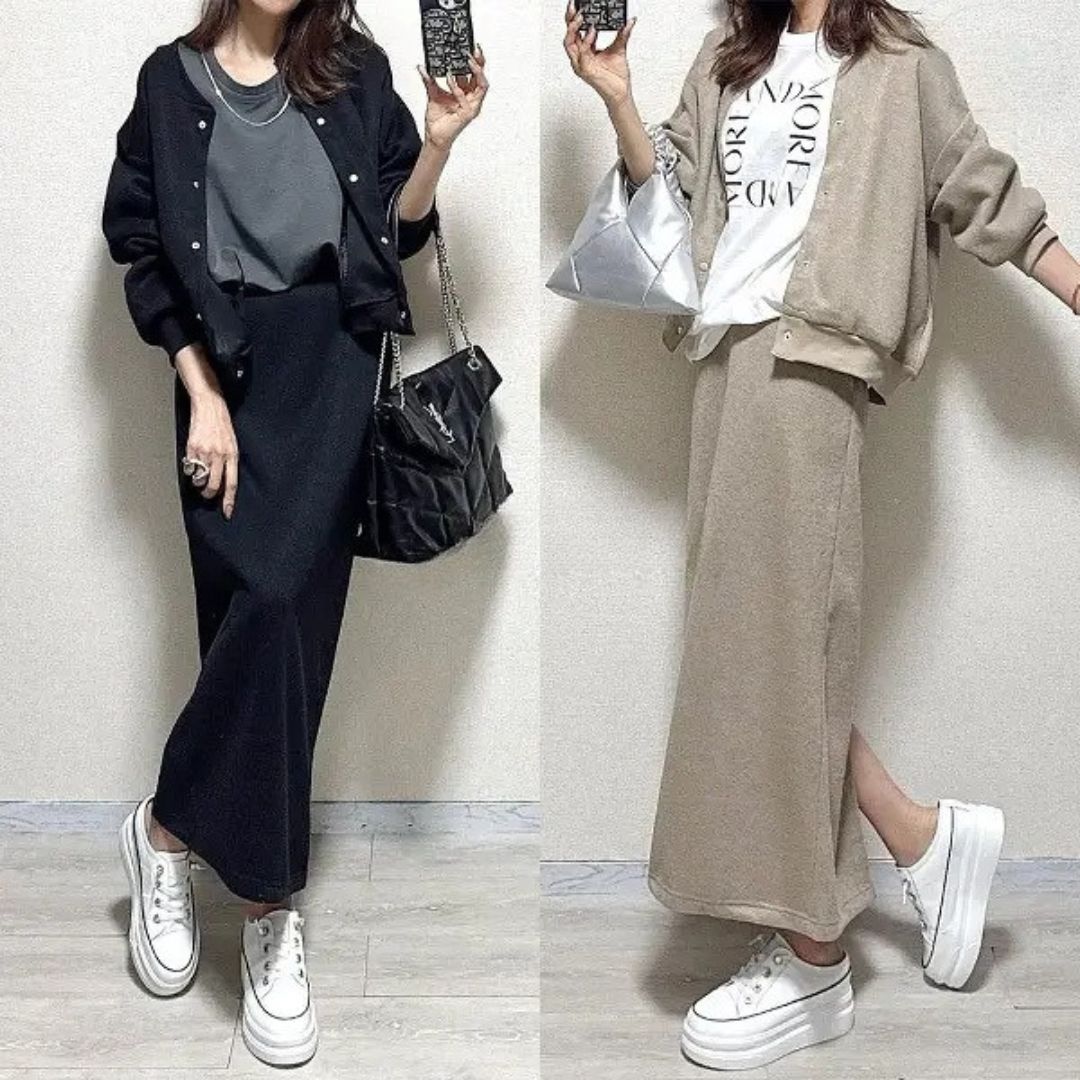 クルーネックシングルブレストストレートミディスカートツーピースセット 