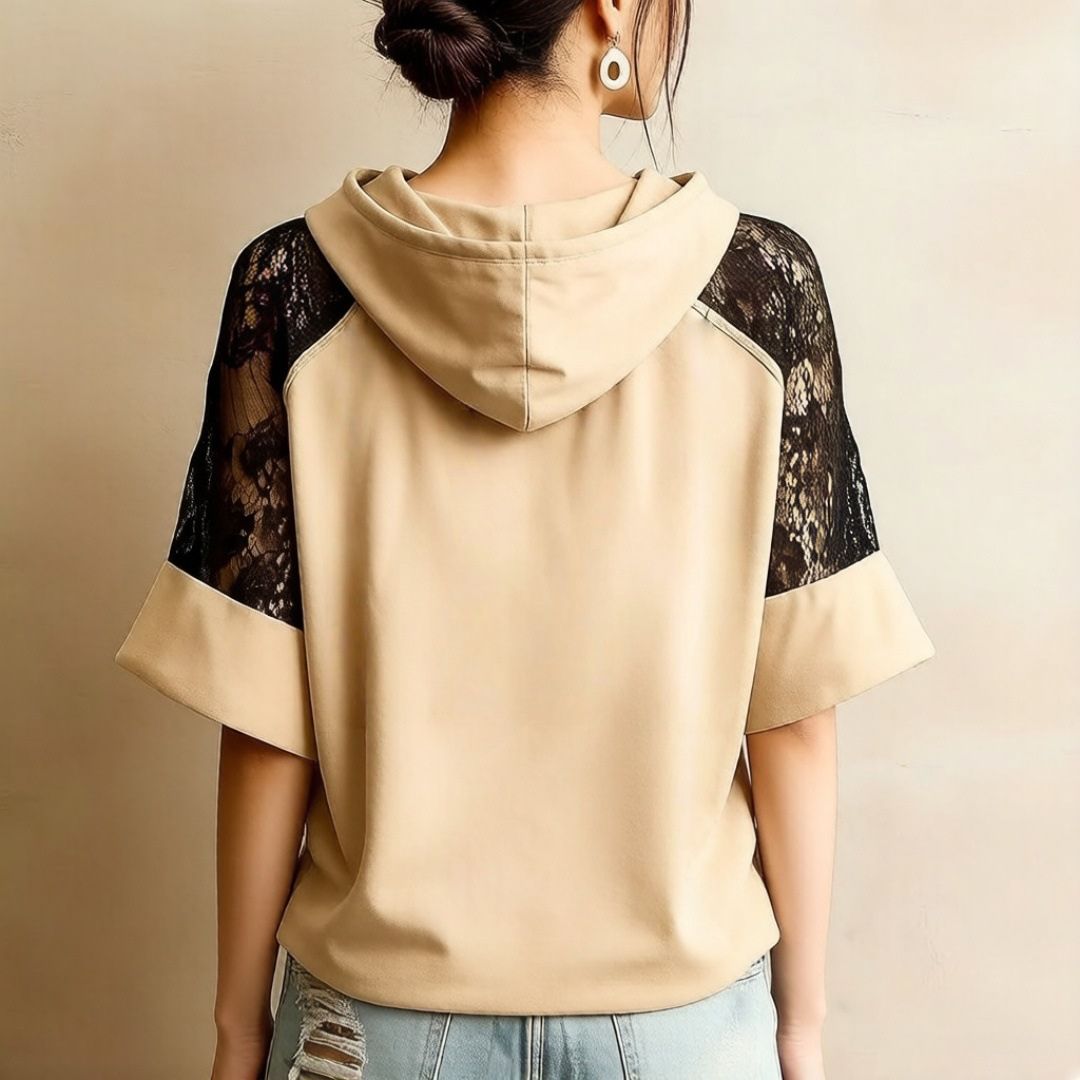 Color Block Lace Patchwork Hoodie with Flared Sleeves