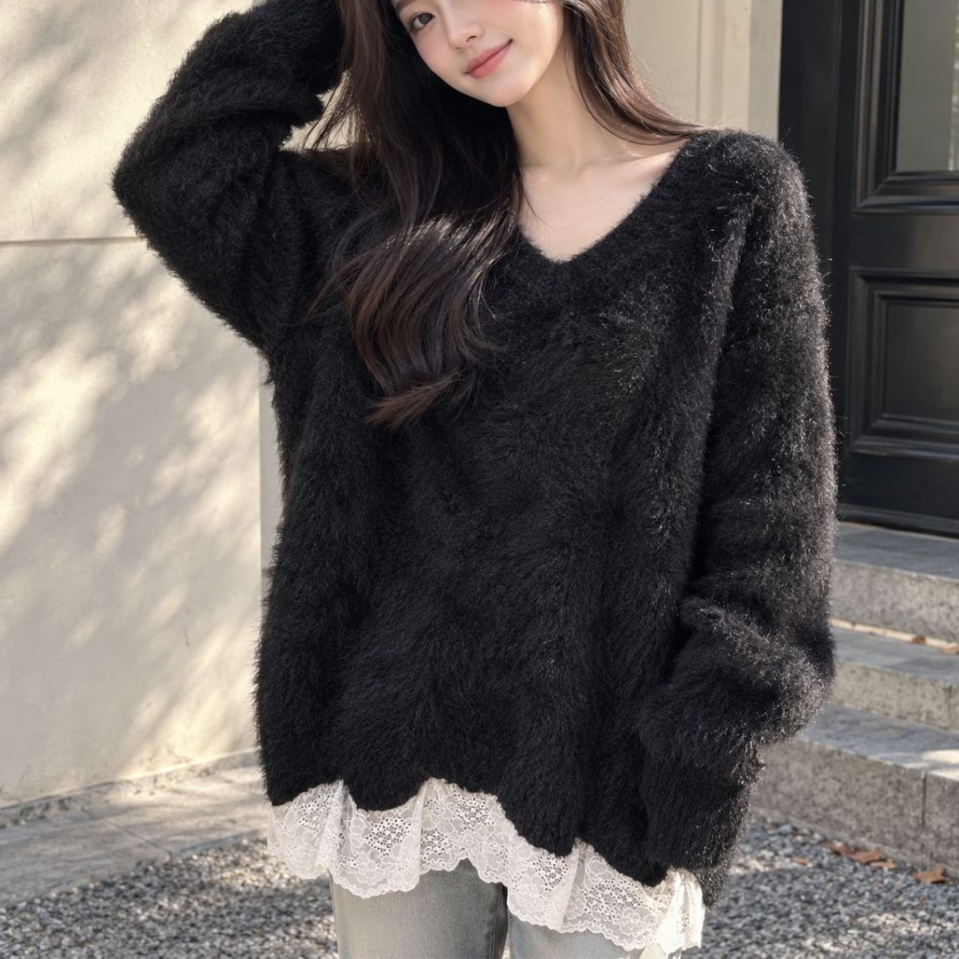 V Neck Lace Trim Hem Knit Top