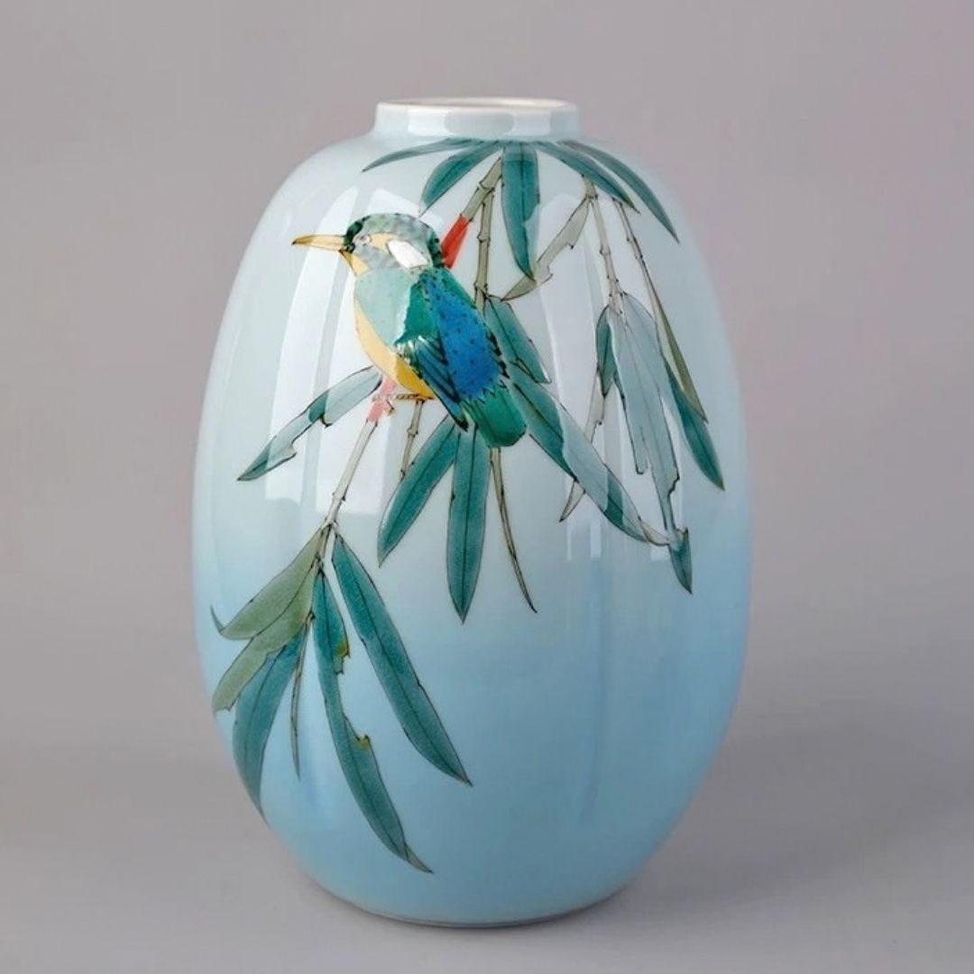 Japanese Bamboo Leaf & Bird Ceramic Vase