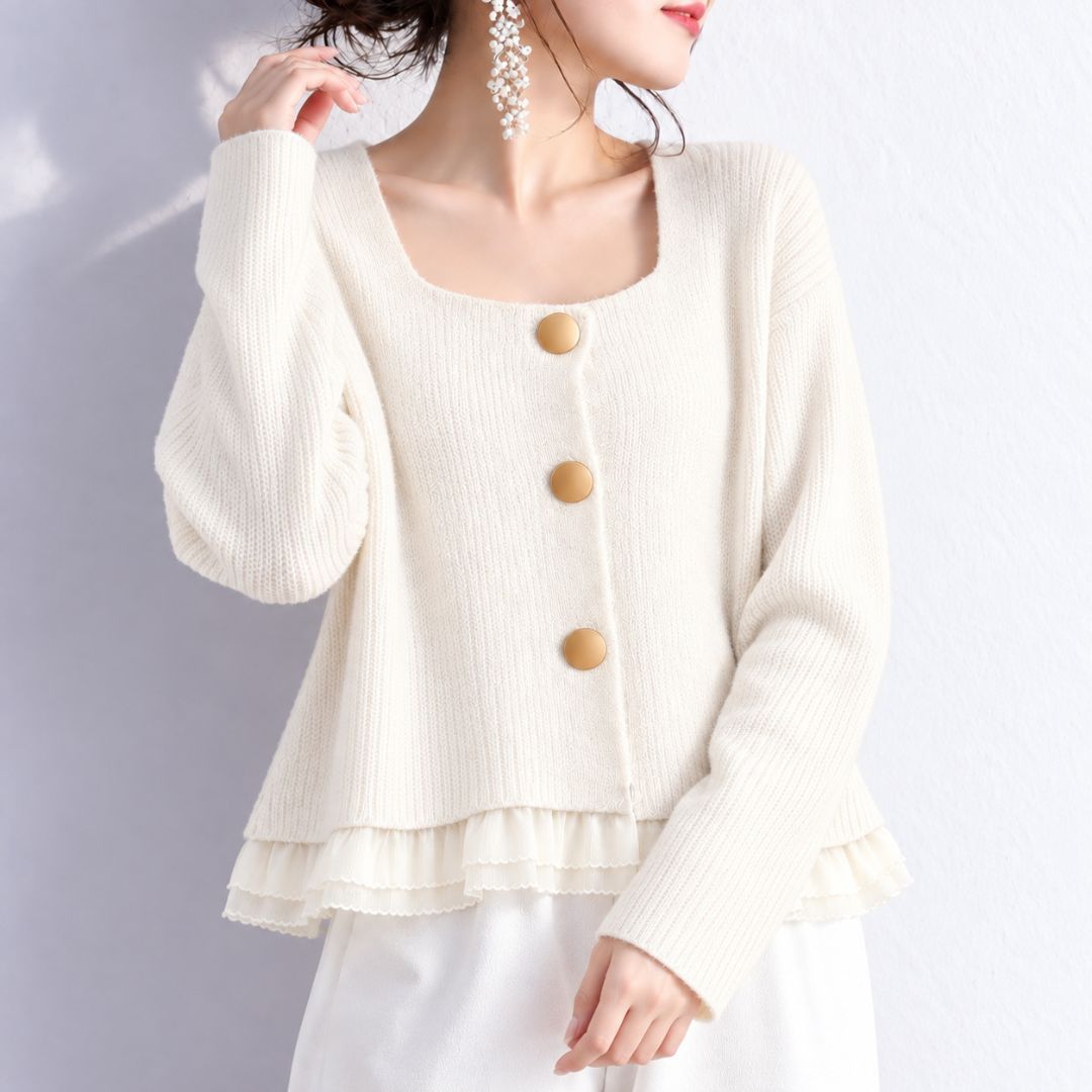 Short Knit Cardigan with Lace Trim Hem