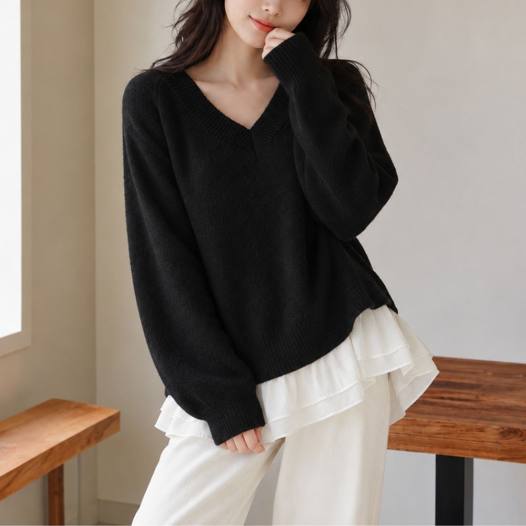 Layered Knit Sweater with Chiffon Hem (Two Piece Effect)
