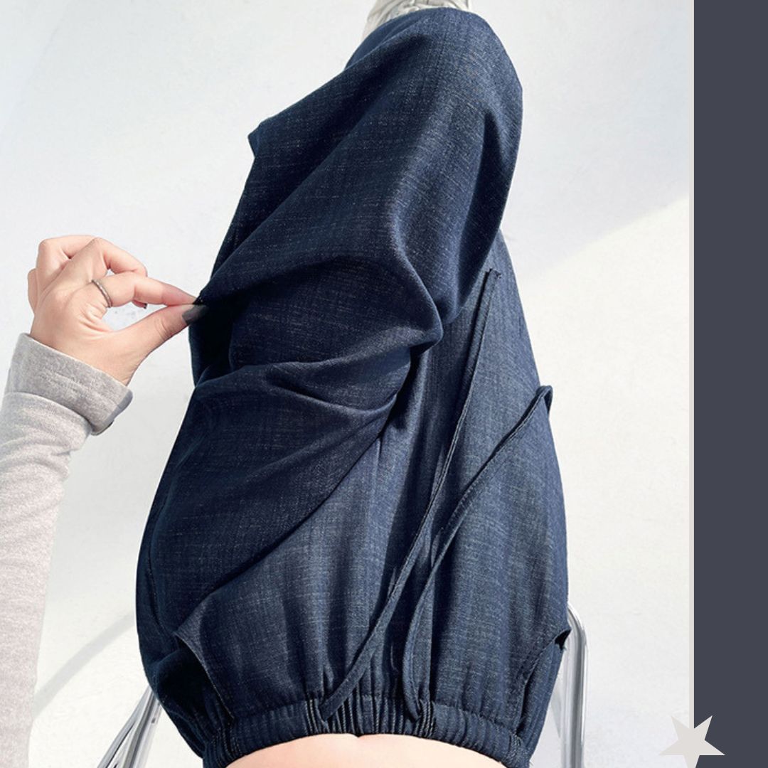 ドローストリングウエストストレートワイドレッグデニムパンツ 
