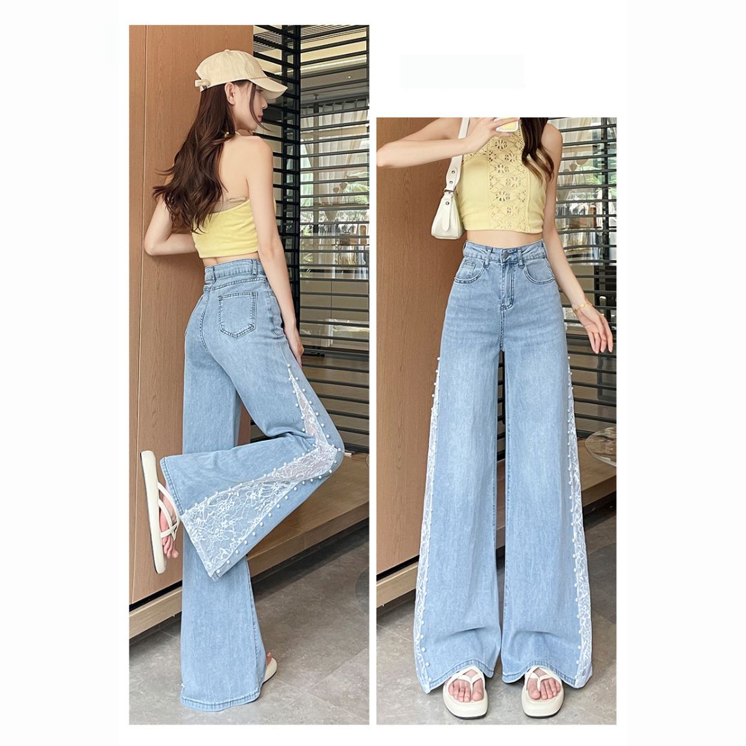 Tencel Beaded Lace Wide Leg Denim Pants