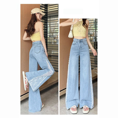 Tencel Beaded Lace Wide Leg Denim Pants