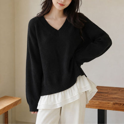 Layered Knit Sweater with Chiffon Hem (Two Piece Effect)