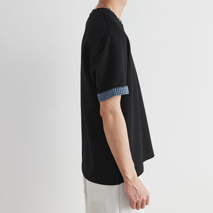Plaid Rolled Cuff Patchwork T Shirt