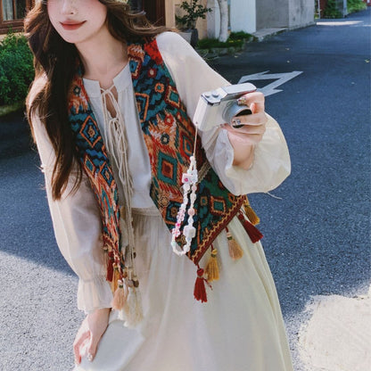 Ethnic Style Tassel Vest & Dress Two Piece Set