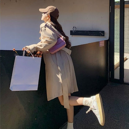 Classic Double Breasted Pleated Flowing Coat