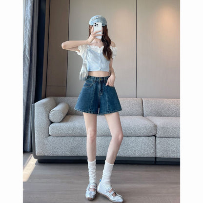 High Waist Structured Patchwork Denim Shorts