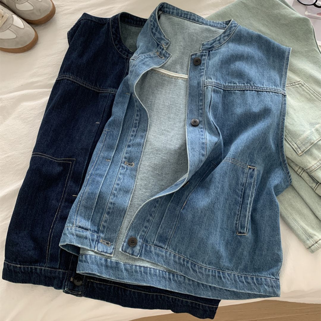 Women's Denim Sleeveless Top with Petite Mandarin Collar