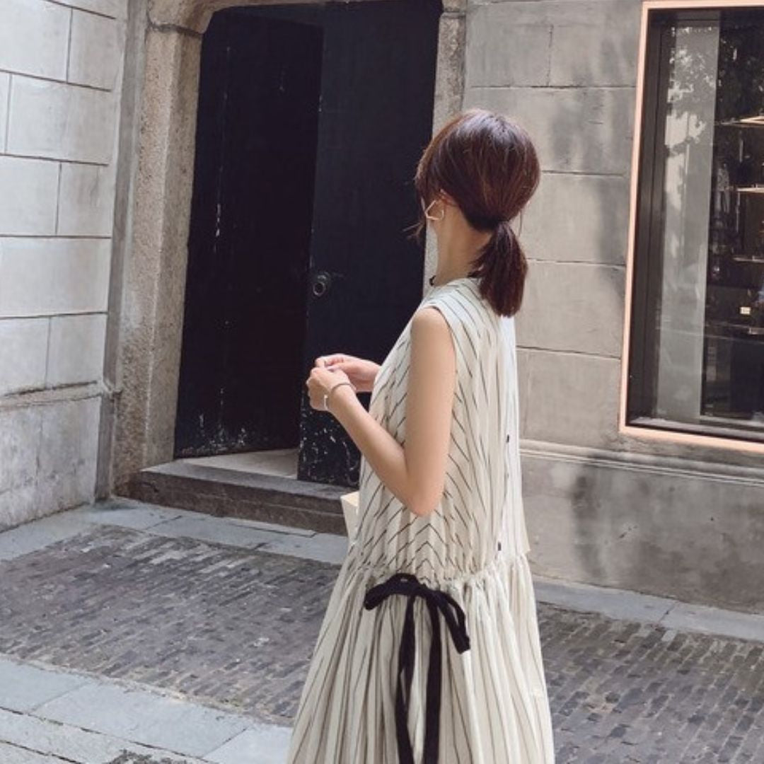 French Style Striped Bow Dress
