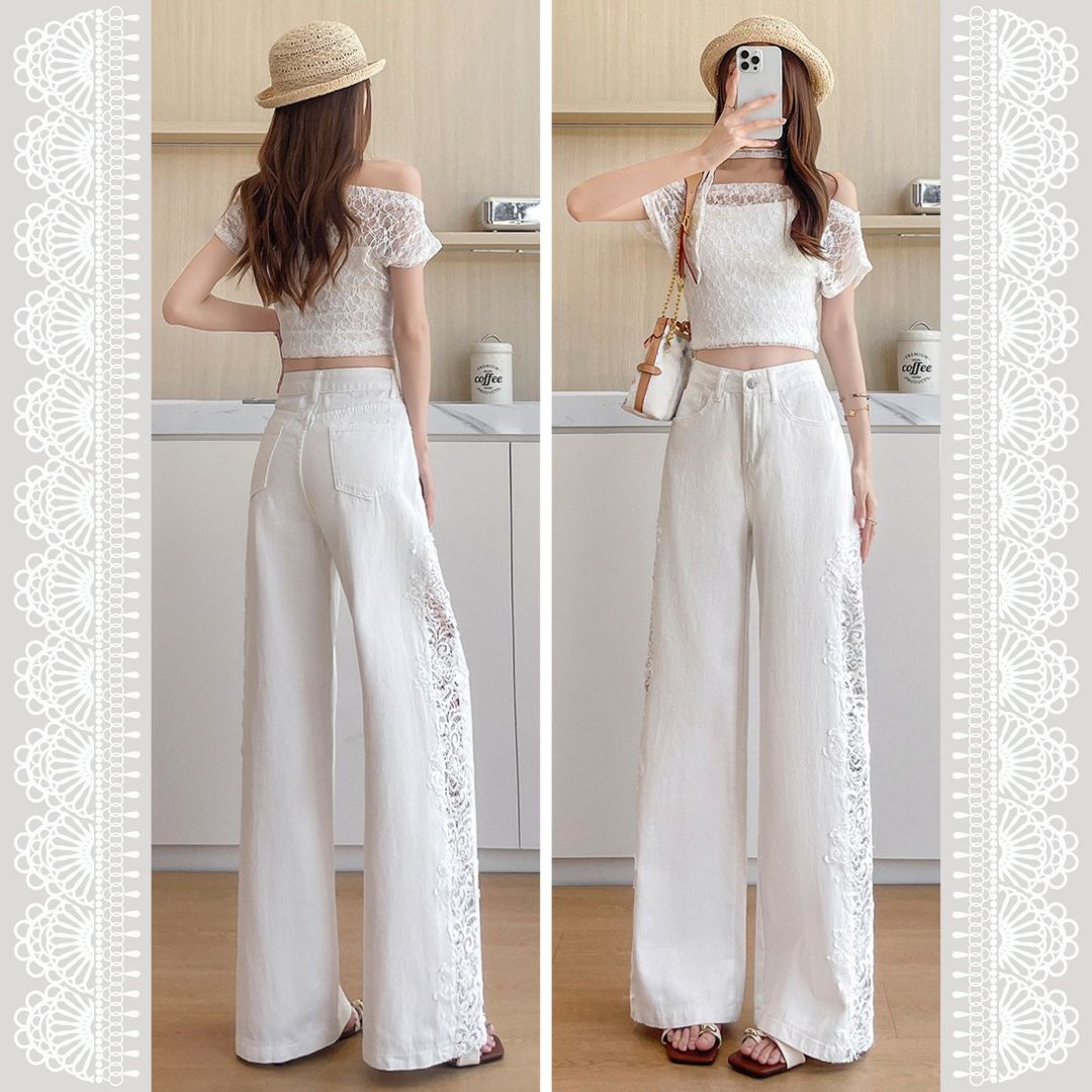 Lace Cutout Panel Wide Leg Jeans
