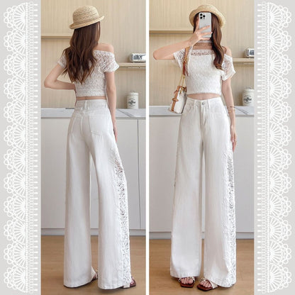 Lace Cutout Panel Wide Leg Jeans