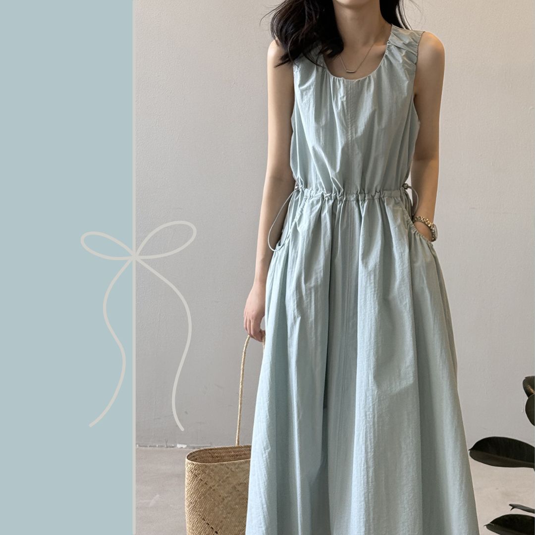 Summer Round-Neck Sleeveless Long Dress with Drawstring Waist