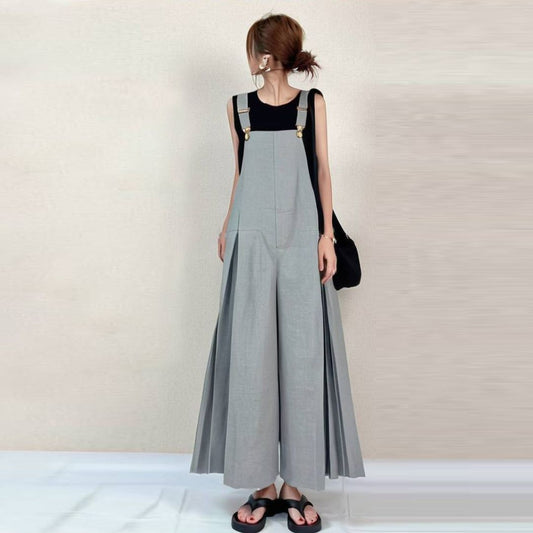 Casual Pleated Solid Color Suspender Pants