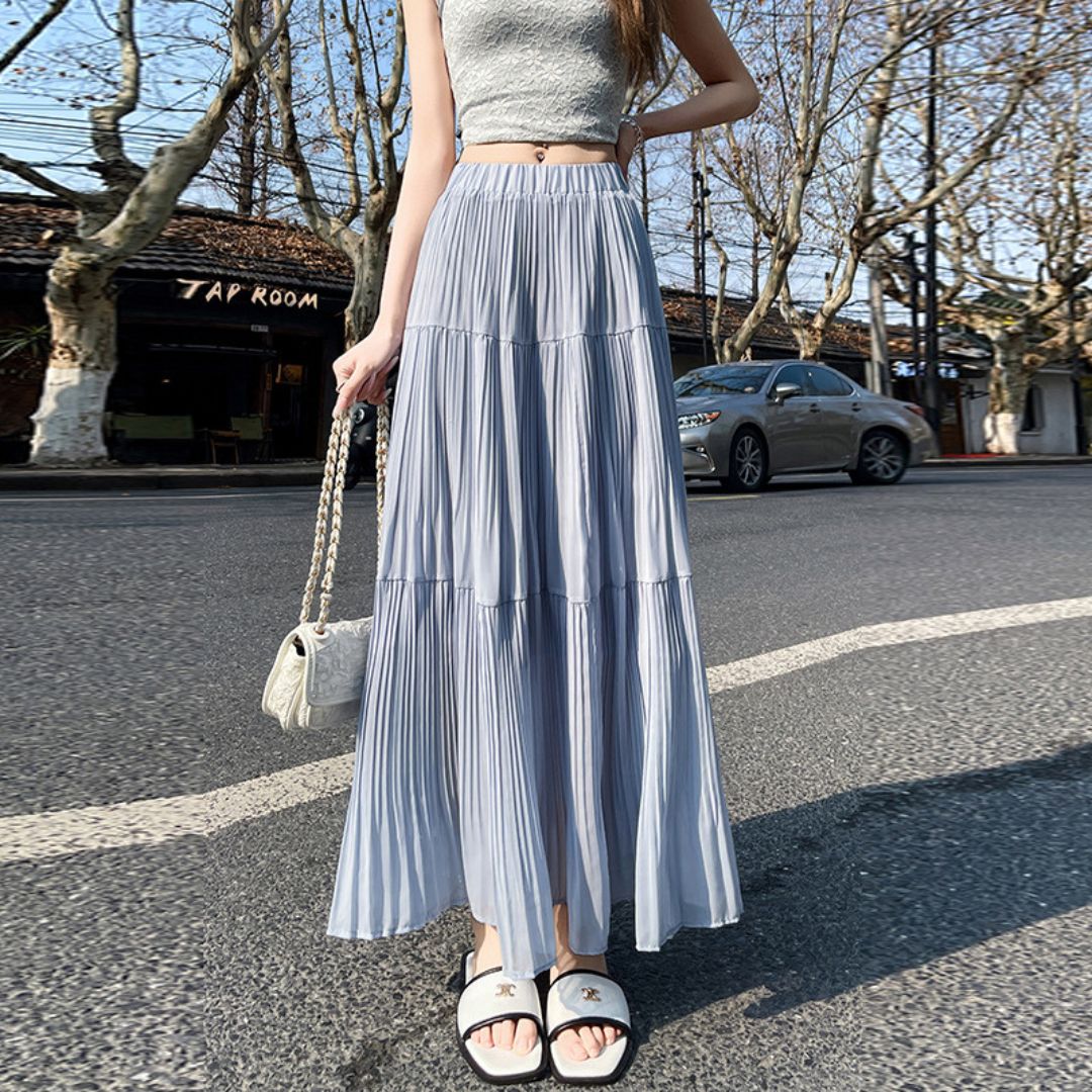 Spring-Summer High-Waist Flowy Pleated Maxi Skirt