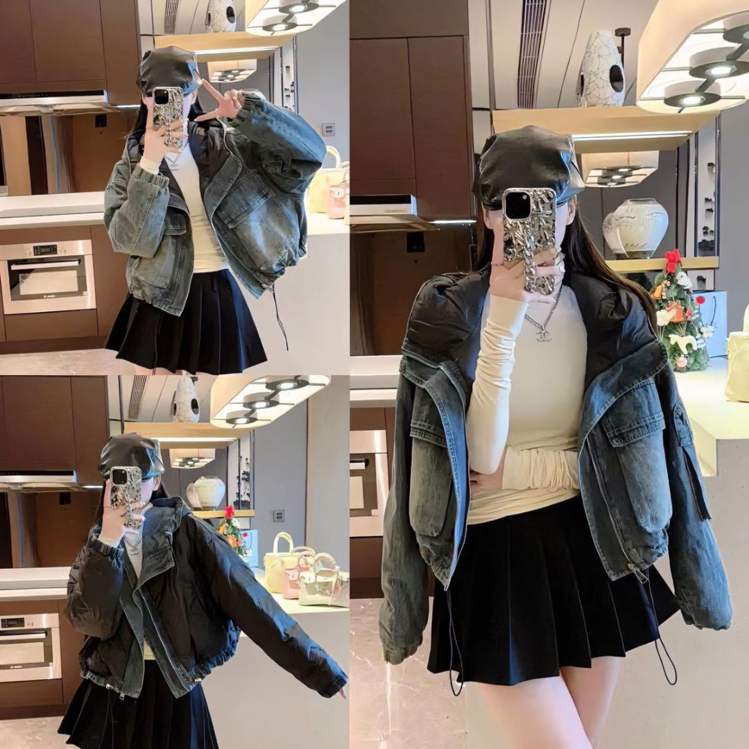 Short Patchwork Denim Hoodie Jacket