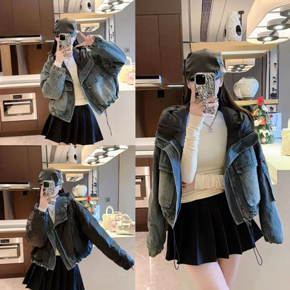 Short Patchwork Denim Hoodie Jacket