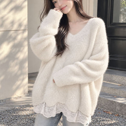 V Neck Lace Trim Hem Knit Top