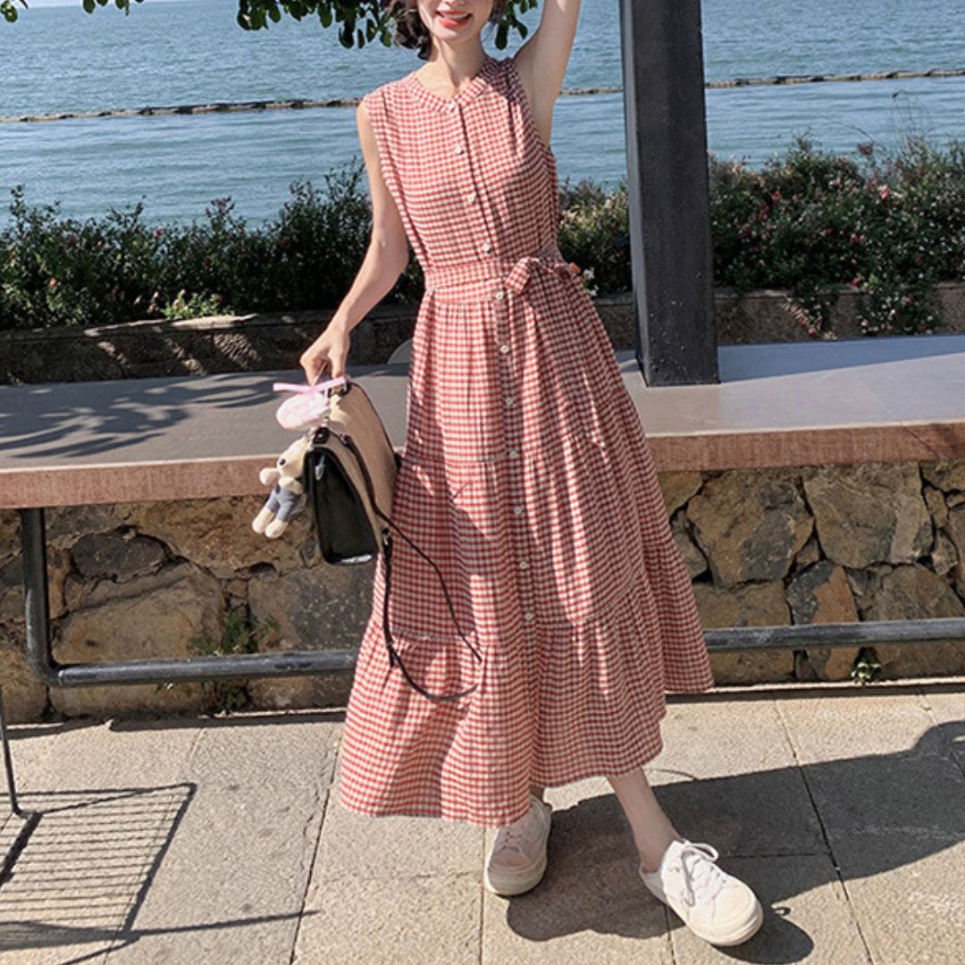 Vintage Red Plaid Sleeveless Fitted Dress