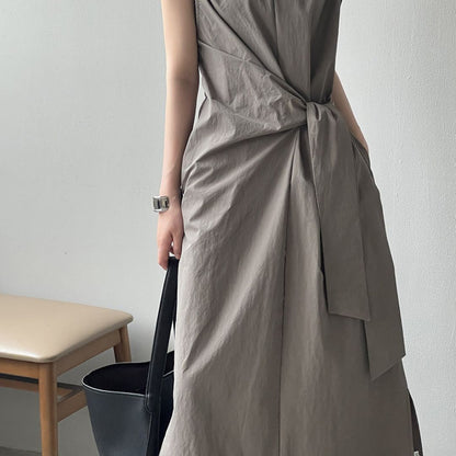 Sleeveless Long Dress with Cinched Tie-Waist Design