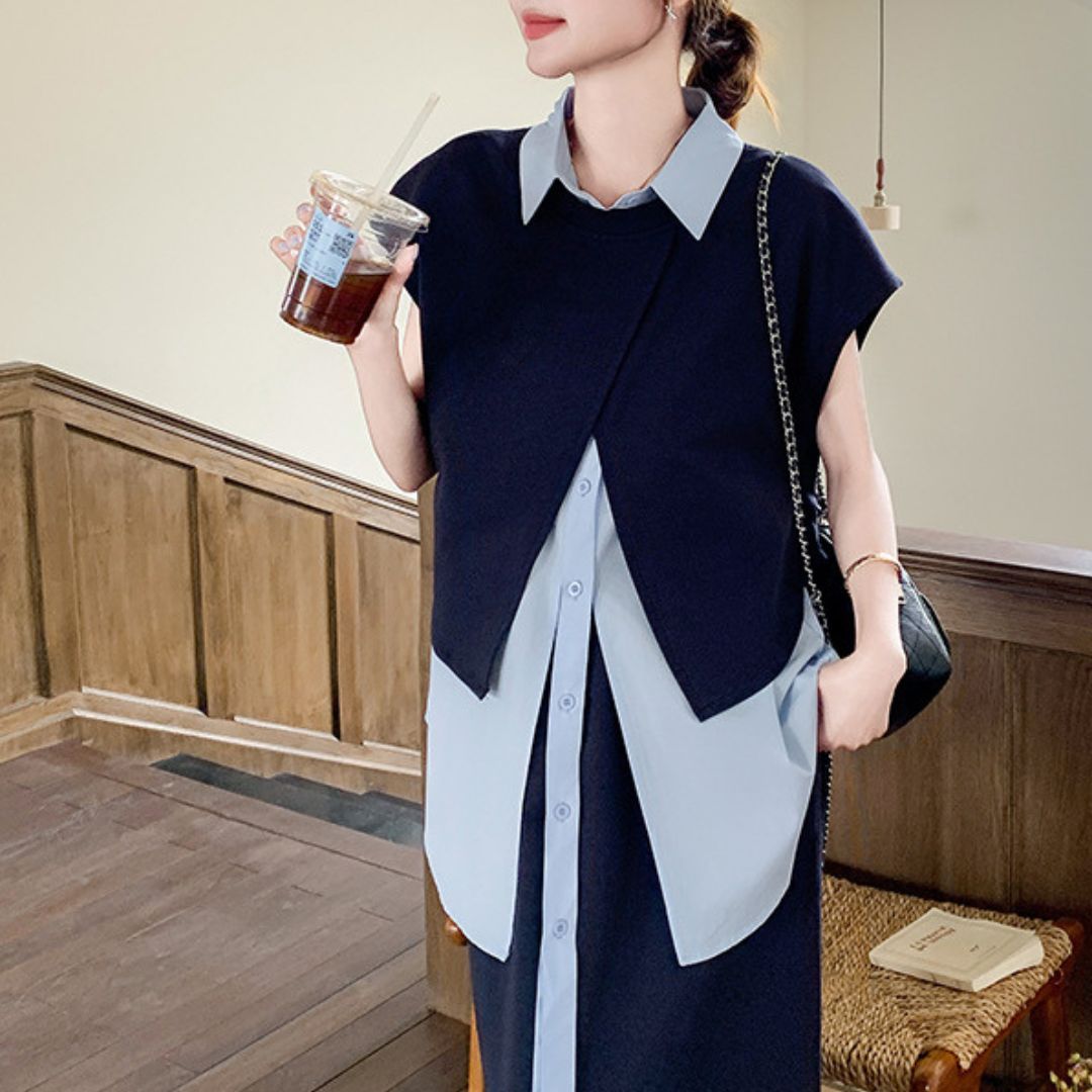 Deep Navy Irregular Shirt Set Dress