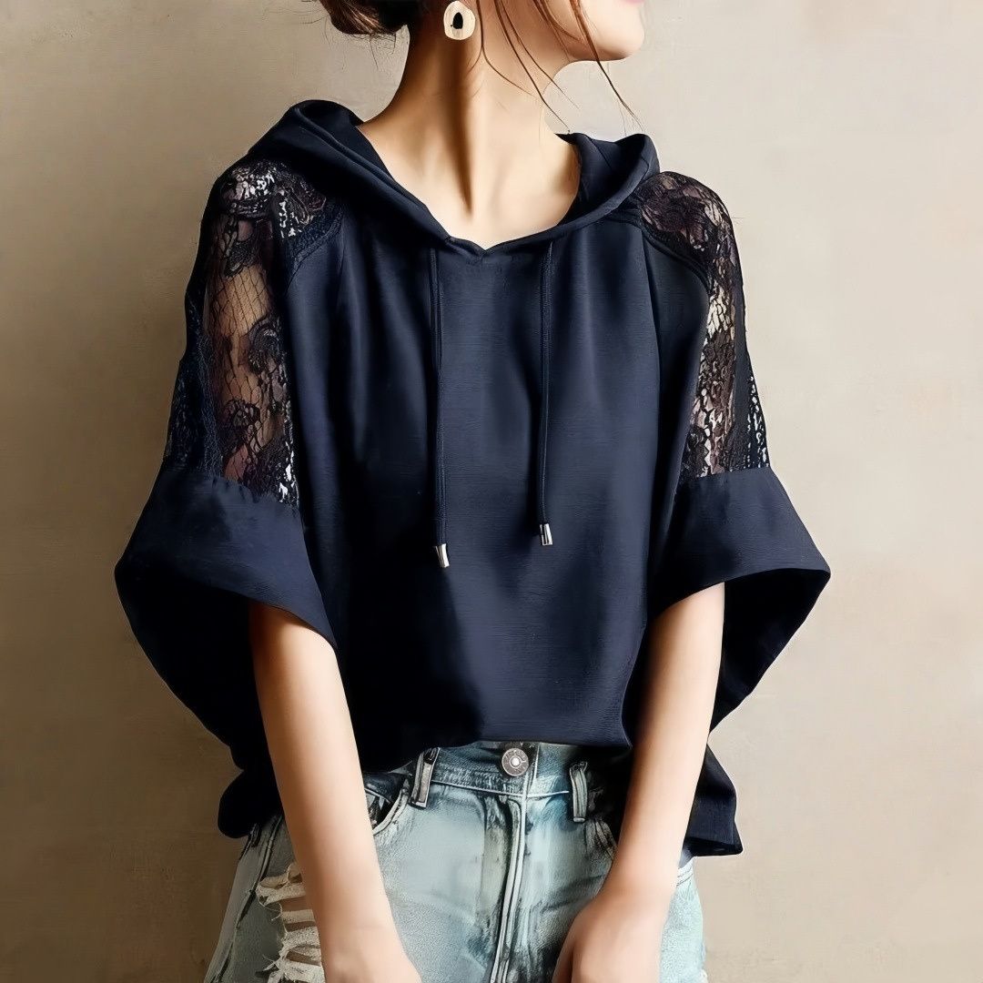 Color Block Lace Patchwork Hoodie with Flared Sleeves